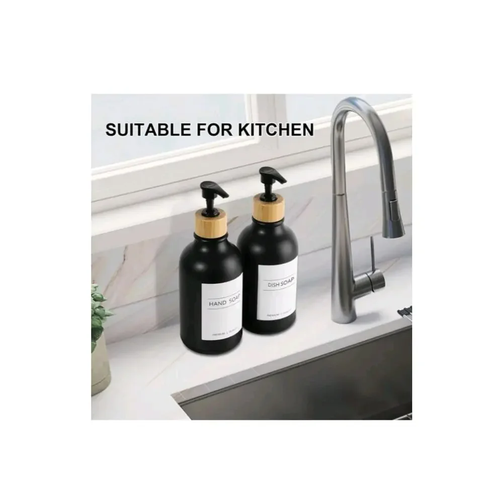 Emerson Essentials 2 Bottle Glass Set Bamboo Tray Black 16 Oz Soap Bottles New